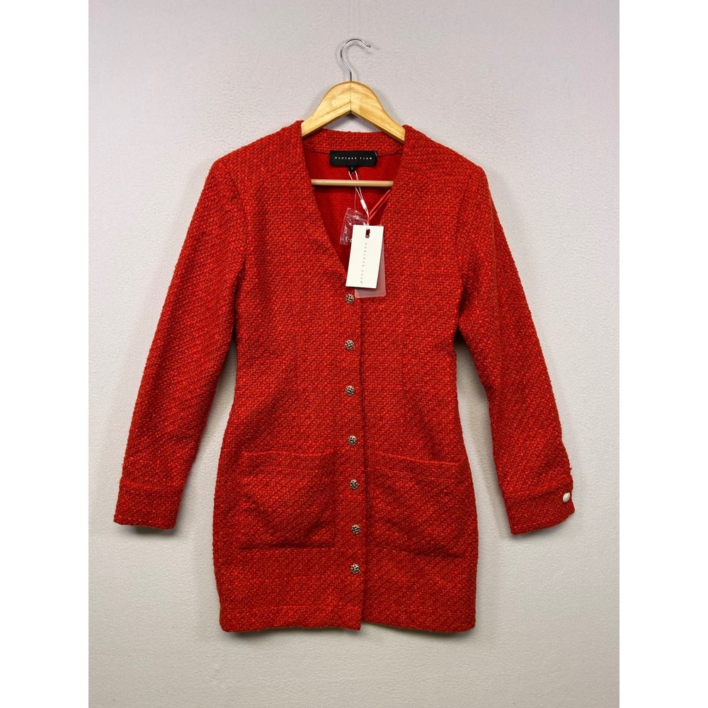 Old Money Endless Rose NWT Women Small Red Tweed Button Front V-Neck Mini Dress
